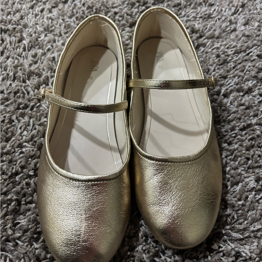 Zara Gold Ballet Flat Mary Jane Shoes
